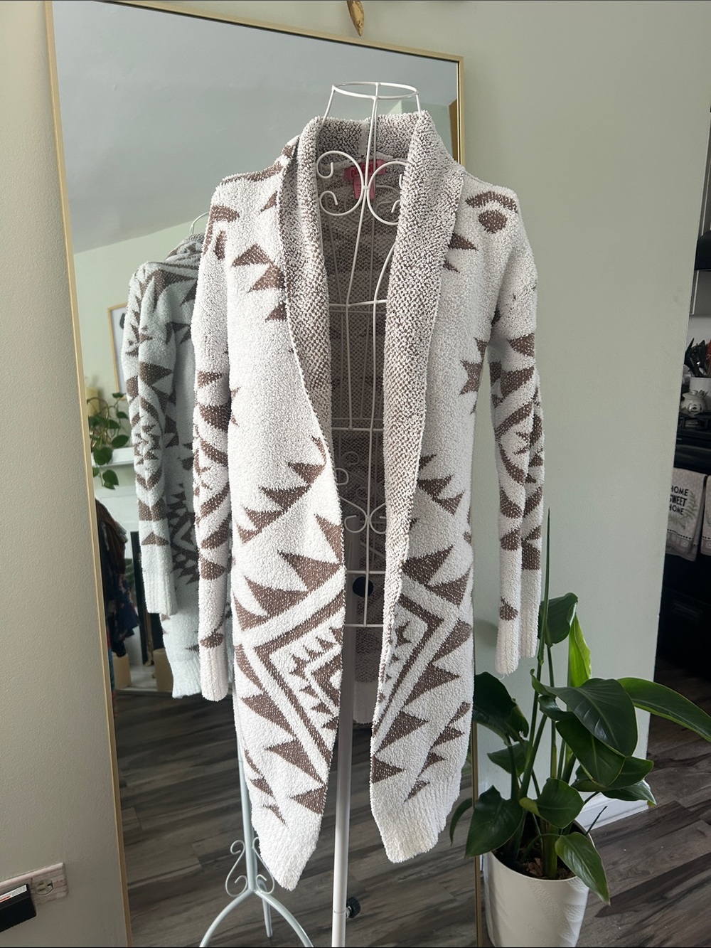 Open-Front Geometric Shawl Collar Cardigan - White & Brown